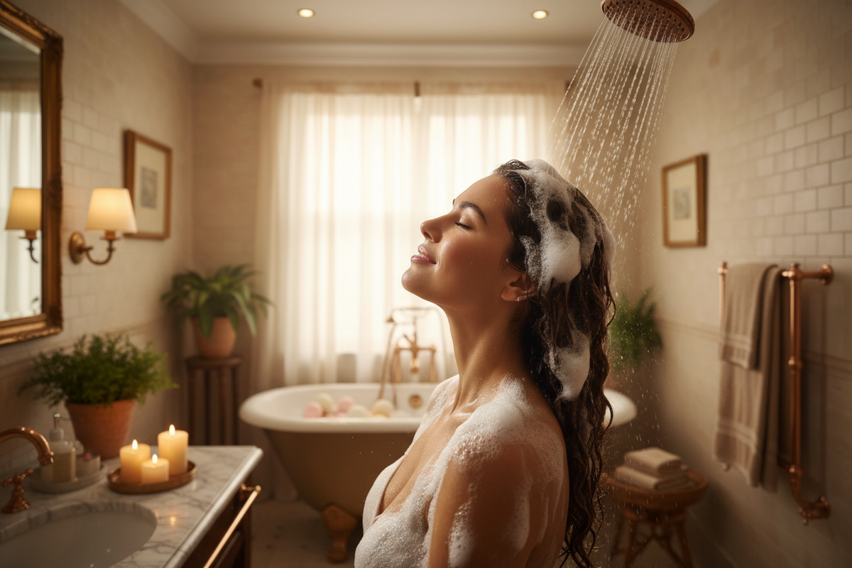 eine Frau beim Haarewaschen in einem schönen warmen Badezimmer mit schäumenden Haaren