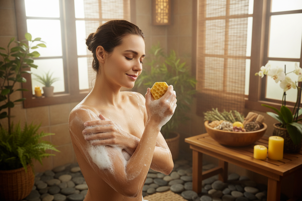 Frau im Wellnessbereich die sich mit einer 6 eckigen gelben Honigseife einschäumt