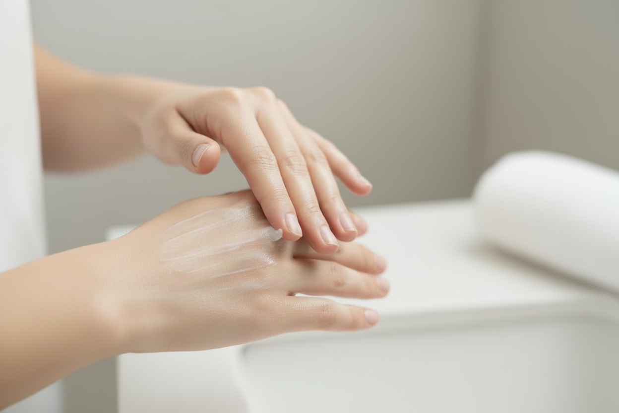 gleiche Bild ohne Tube oder Gefäß. Nur die Hände.